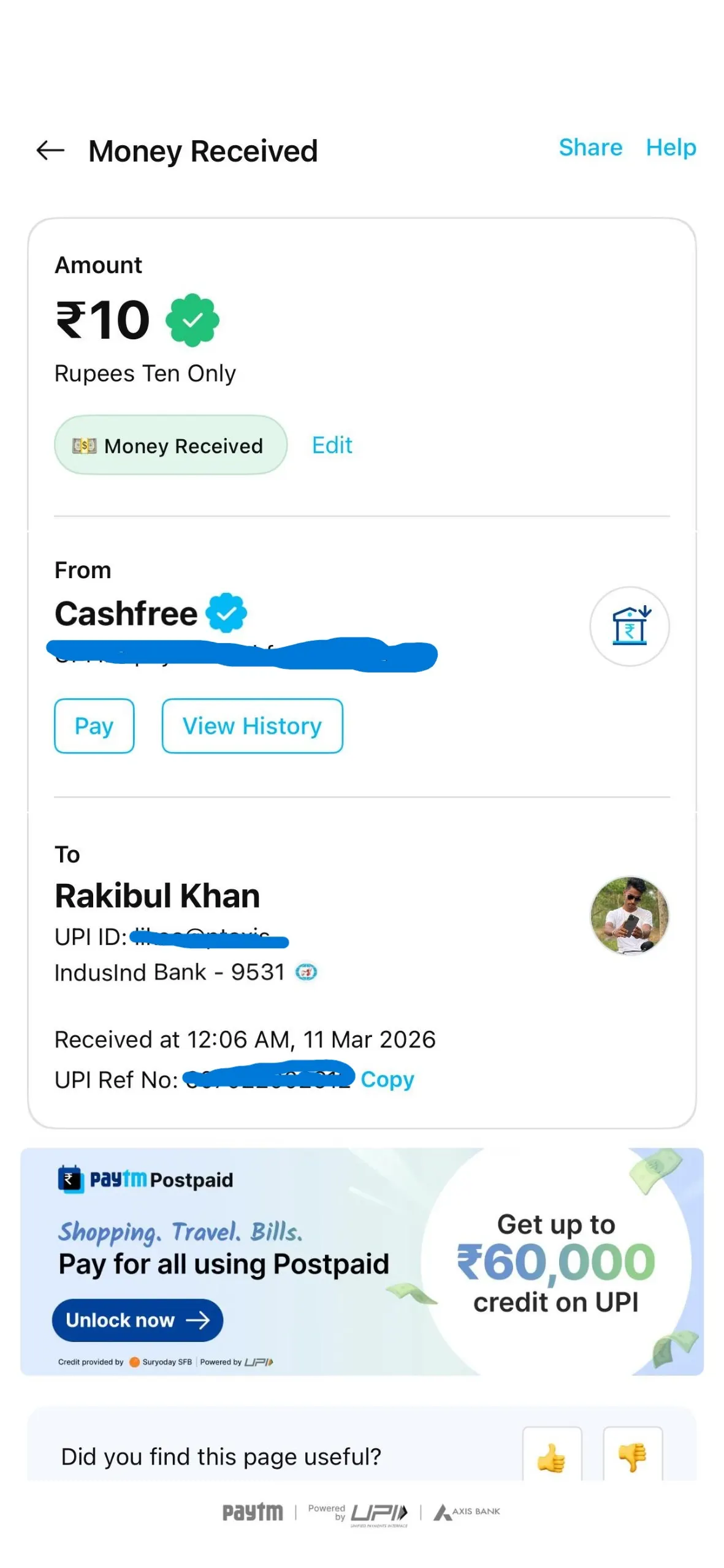 upi cashback payment proof ₹10 received from cashfree weekly earning offers 2026