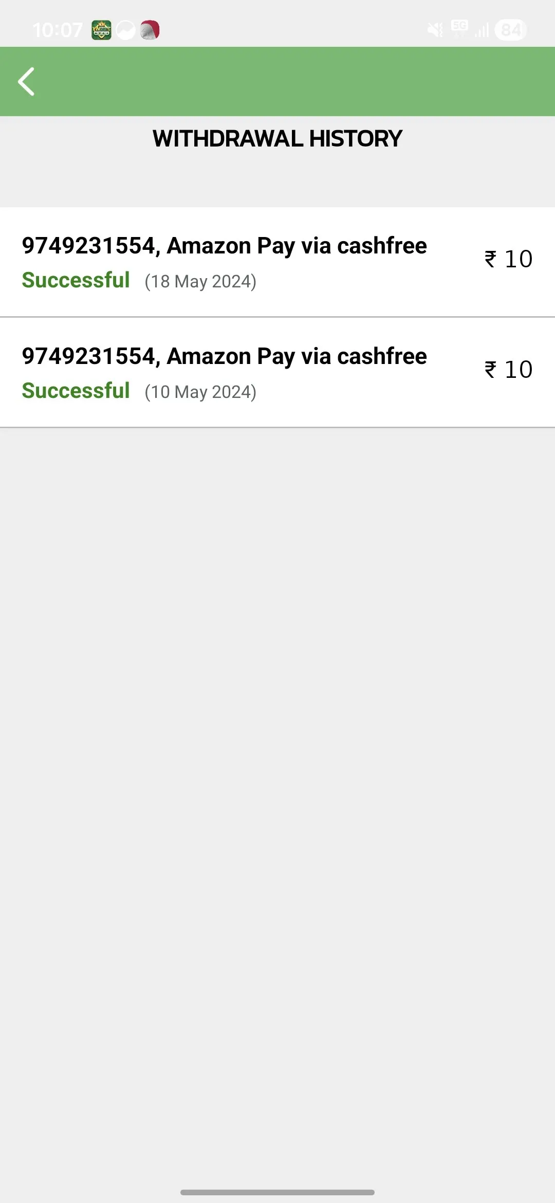 amazon pay withdrawal proof ₹10 successful via cashfree earning app proof