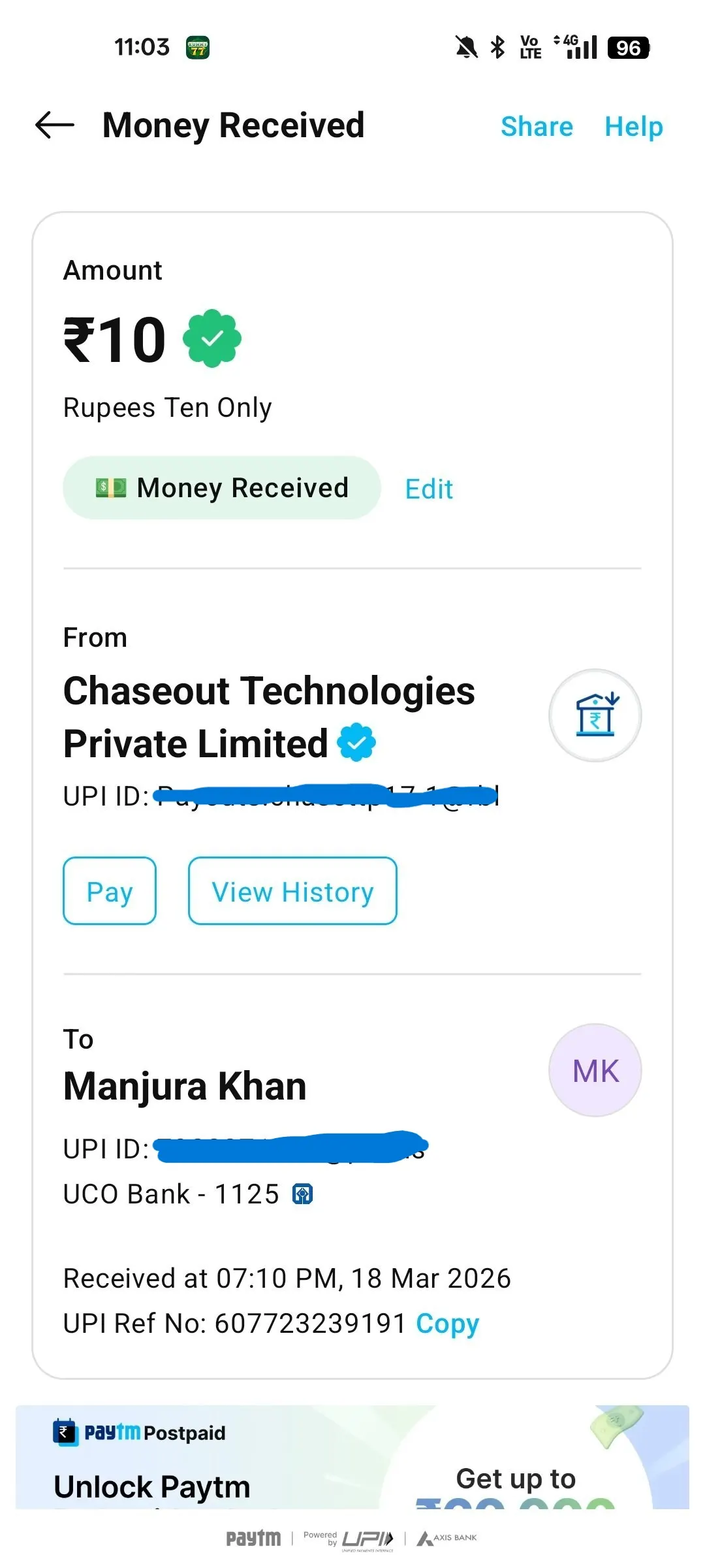 refer and earn payment proof ₹10 received chaseout technologies upi cashback