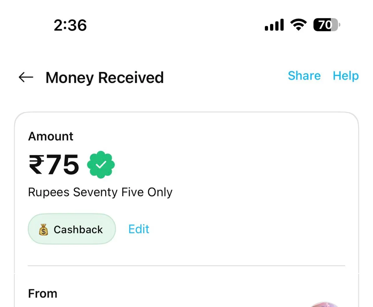 upi cashback proof ₹75 received instant payment earning app screenshot