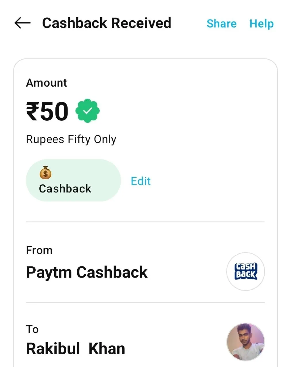 paytm cashback proof ₹50 received real earning app payment proof india