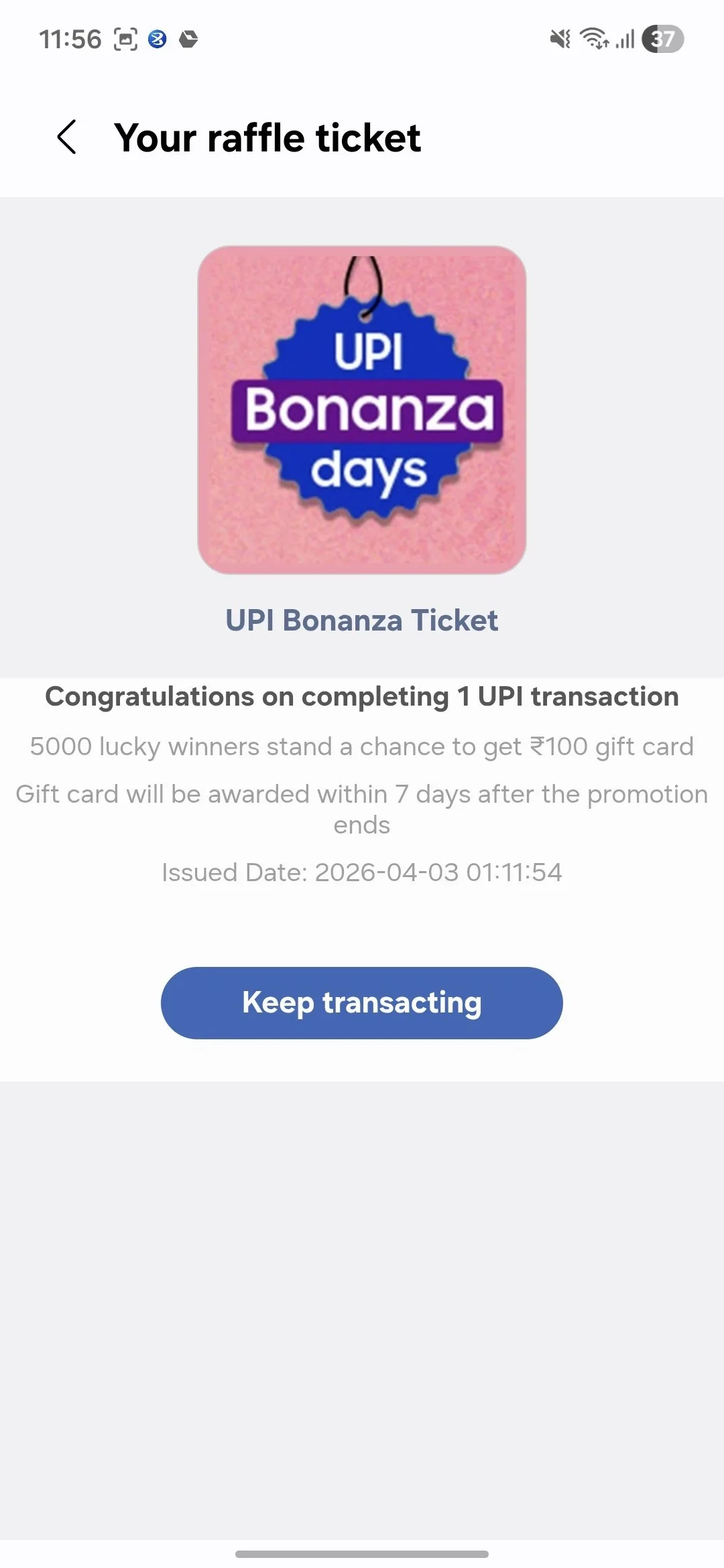 upi bonanza ticket reward proof 100 gift card cashback offer india payment proof
