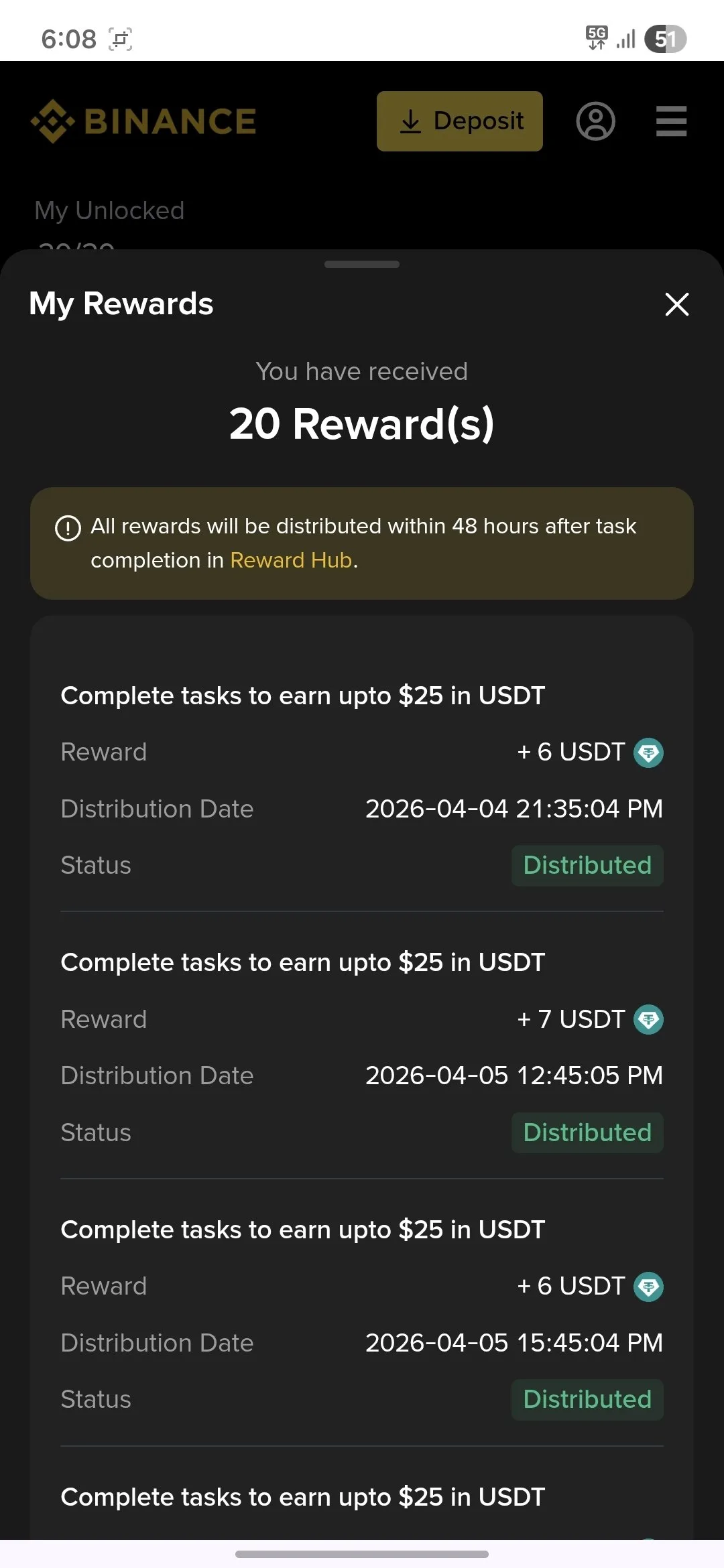 binance reward proof usdt earnings cashback payment proof