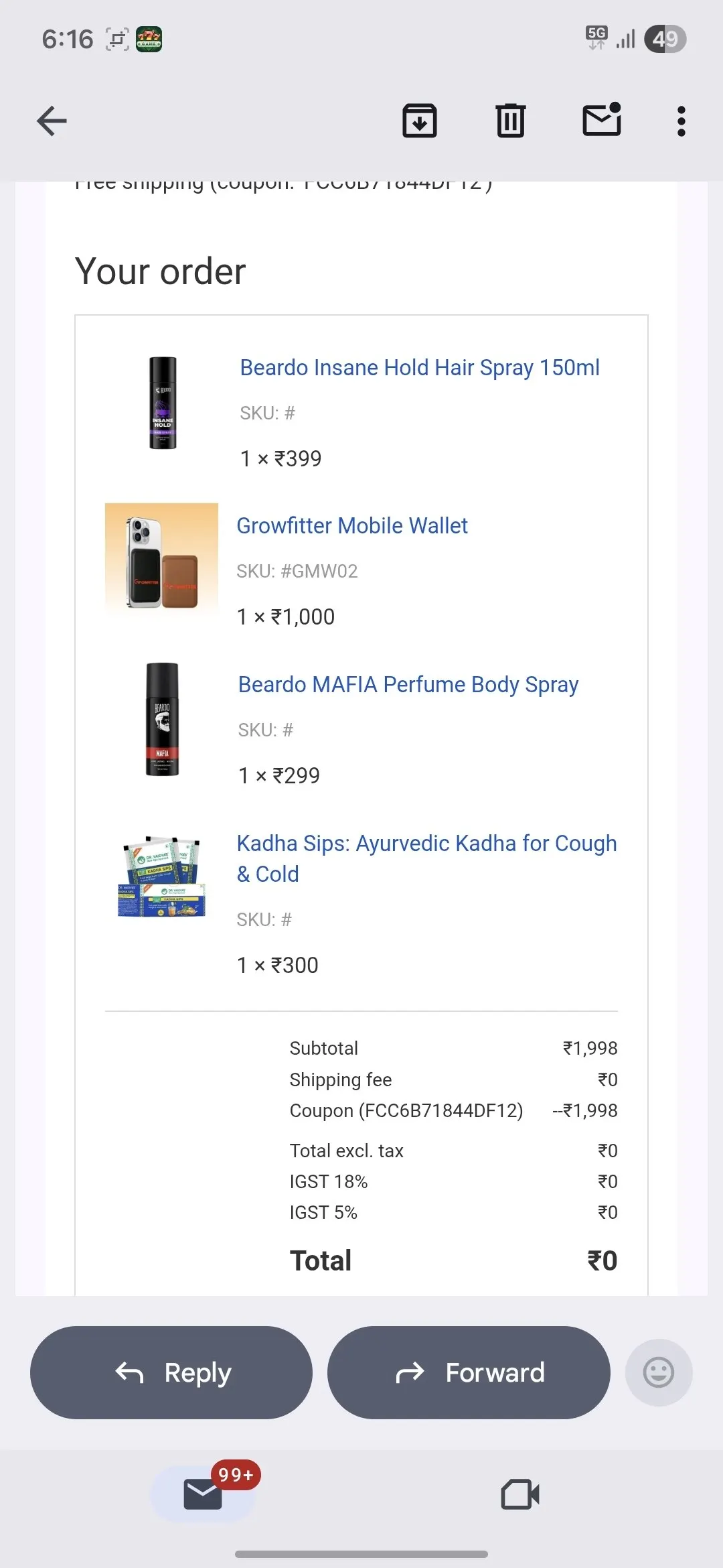 free order proof coupon applied total zero rupees shopping trick india
