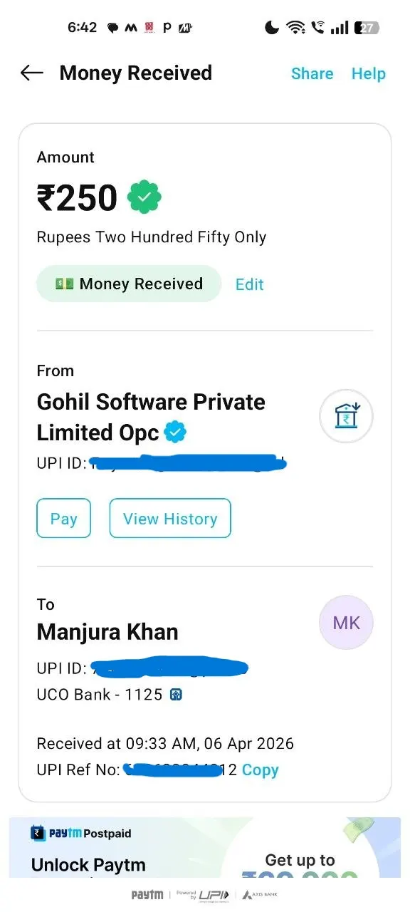 upi payment proof 250 rupees cashback received earning app india