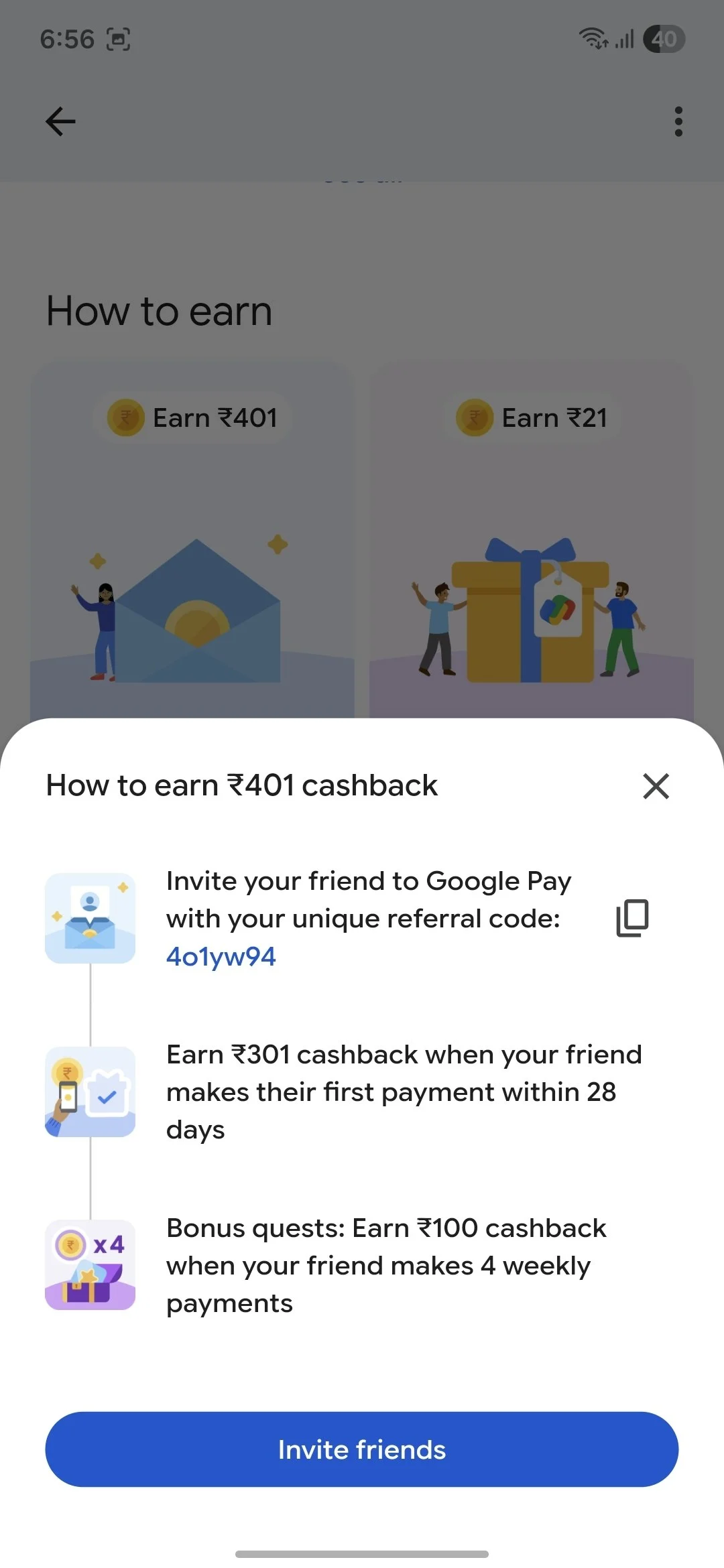 google pay referral cashback 401 rupees earning proof upi offer