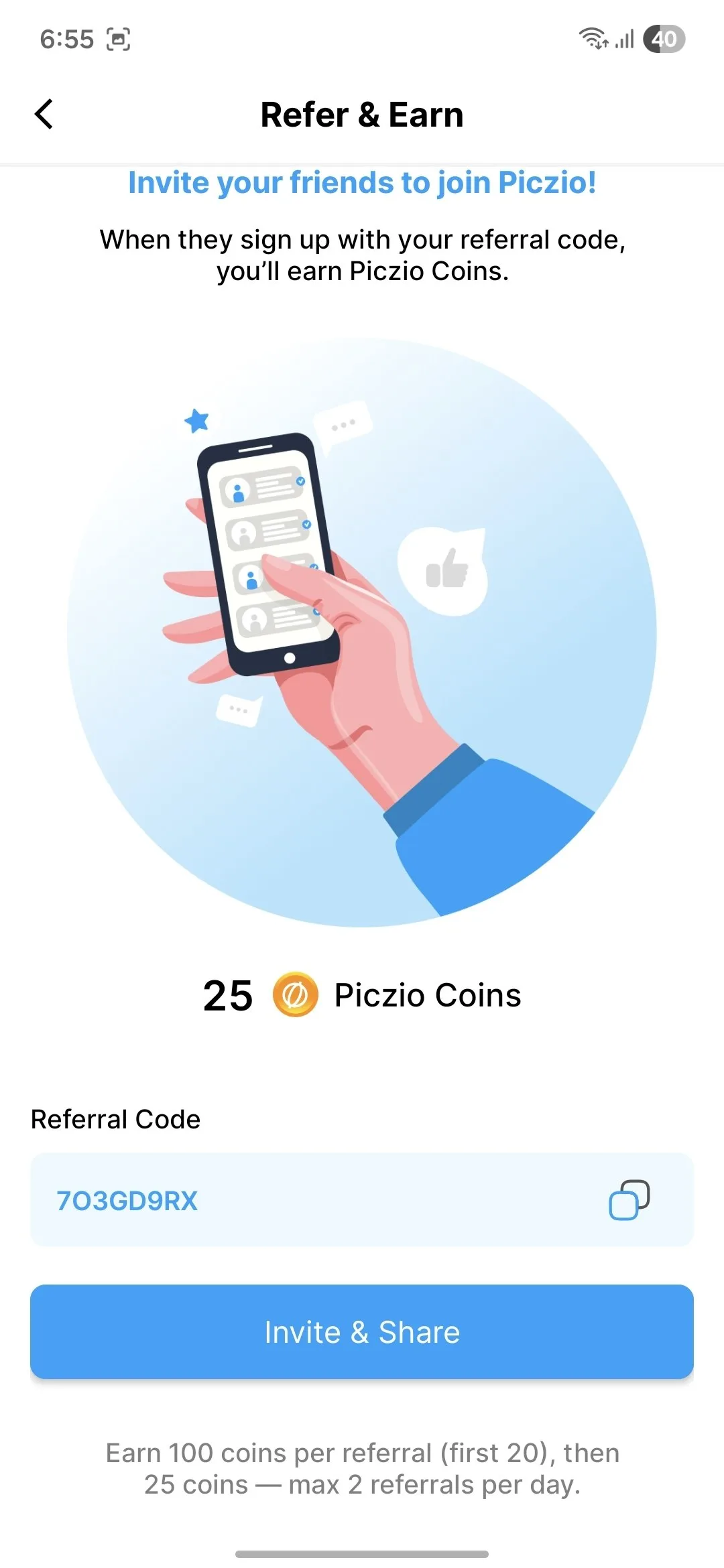 piczio referral code earning coins proof refer and earn app india