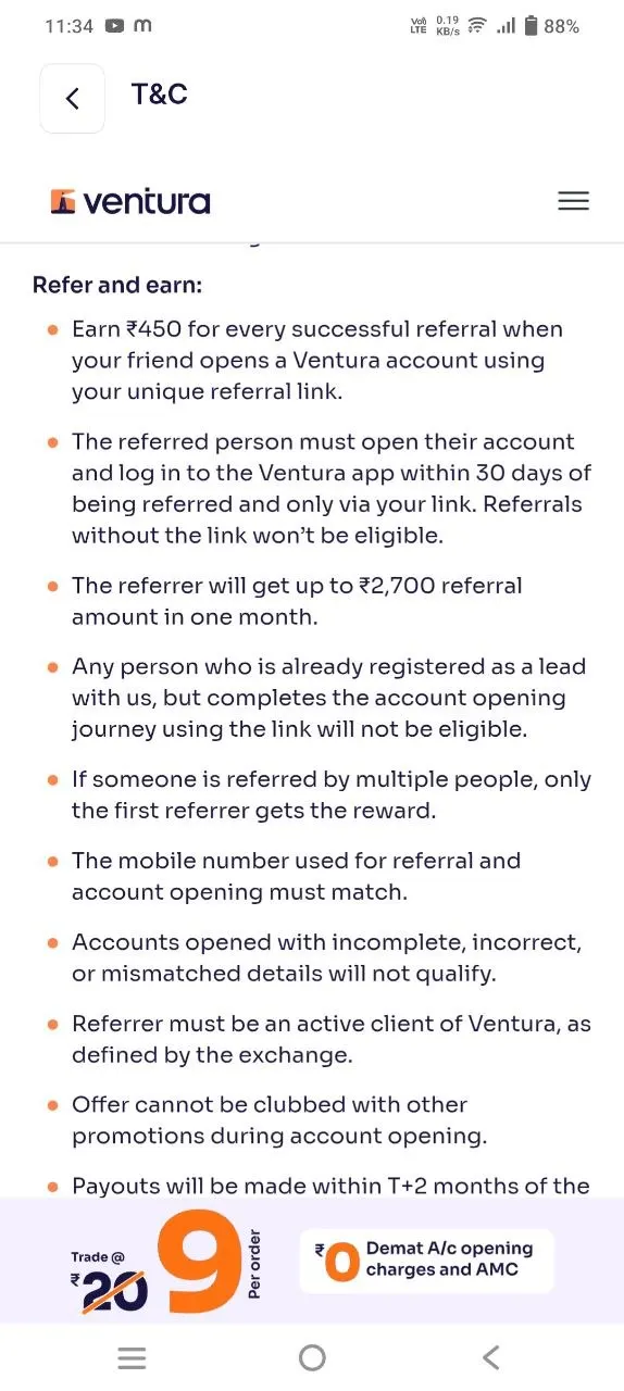 Official Ventura refer and earn Terms and Conditions Proof